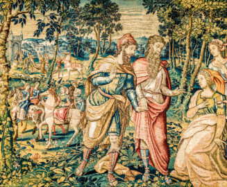 Schloss Bruchsal - Hauptbau / Corps de Logis - Von innen - Beletage - Arbeitszimmer - Nordwand, östliche Seite - Ausschnitt (ohne Bordüre) aus der Tapisserie "David lässt um Abigail werben" aus dem fünfteiligen Zyklus "Die Geschichte von David und Abigail" (Begebenheit aus dem Alten Testament, 1. Buch Samuel, Kapitel 25) (Inv.Nr. G 111; Höhe x Breite: 283 cm x 337 cm; hergestellt vermutlich in Brüssel, 3. Viertel des 16. Jahrhunderts; restauriert 1961 und nach 2007) (aufgenommen im Dezember 2020, am späten Vormittag) Schloss Bruchsal - Hauptbau / Corps de Logis - Von innen - Beletage - Arbeitszimmer - Nordwand, östliche Seite - Ausschnitt (ohne Bordüre) aus der Tapisserie "David lässt um Abigail werben" aus dem fünfteiligen Zyklus "Die Geschichte von David und Abigail" (Begebenheit aus dem Alten Testament, 1. Buch Samuel, Kapitel 25) (Inv.Nr. G 111; Höhe x Breite: 283 cm x 337 cm; hergestellt vermutlich in Brüssel, 3. Viertel des 16. Jahrhunderts; restauriert 1961 und nach 2007) (aufgenommen im Dezember 2020, am späten Vormittag)