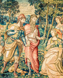 Schloss Bruchsal - Hauptbau / Corps de Logis - Von innen - Beletage - Arbeitszimmer - Nordwand, östliche Seite - Ausschnitt (rechts) aus der Tapisserie "David lässt um Abigail werben" aus dem fünfteiligen Zyklus "Die Geschichte von David und Abigail" (Begebenheit aus dem Alten Testament, 1. Buch Samuel, Kapitel 25) (Inv.Nr. G 111; Höhe x Breite: 283 cm x 337 cm; hergestellt vermutlich in Brüssel, 3. Viertel des 16. Jahrhunderts; restauriert 1961 und nach 2007) (aufgenommen im Dezember 2020, am späten Vormittag) Schloss Bruchsal - Hauptbau / Corps de Logis - Von innen - Beletage - Arbeitszimmer - Nordwand, östliche Seite - Ausschnitt (rechts) aus der Tapisserie "David lässt um Abigail werben" aus dem fünfteiligen Zyklus "Die Geschichte von David und Abigail" (Begebenheit aus dem Alten Testament, 1. Buch Samuel, Kapitel 25) (Inv.Nr. G 111; Höhe x Breite: 283 cm x 337 cm; hergestellt vermutlich in Brüssel, 3. Viertel des 16. Jahrhunderts; restauriert 1961 und nach 2007) (aufgenommen im Dezember 2020, am späten Vormittag)