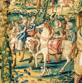 Schloss Bruchsal - Hauptbau / Corps de Logis - Von innen - Beletage - Arbeitszimmer - Nordwand, östliche Seite - Ausschnitt (links, Mitte) aus der Tapisserie "David lässt um Abigail werben" aus dem fünfteiligen Zyklus "Die Geschichte von David und Abigail" (Begebenheit aus dem Alten Testament, 1. Buch Samuel, Kapitel 25) (Inv.Nr. G 111; Höhe x Breite: 283 cm x 337 cm; hergestellt vermutlich in Brüssel, 3. Viertel des 16. Jahrhunderts; restauriert 1961 und nach 2007) (aufgenommen im Dezember 2020, am späten Vormittag) Schloss Bruchsal - Hauptbau / Corps de Logis - Von innen - Beletage - Arbeitszimmer - Nordwand, östliche Seite - Ausschnitt (links, Mitte) aus der Tapisserie "David lässt um Abigail werben" aus dem fünfteiligen Zyklus "Die Geschichte von David und Abigail" (Begebenheit aus dem Alten Testament, 1. Buch Samuel, Kapitel 25) (Inv.Nr. G 111; Höhe x Breite: 283 cm x 337 cm; hergestellt vermutlich in Brüssel, 3. Viertel des 16. Jahrhunderts; restauriert 1961 und nach 2007) (aufgenommen im Dezember 2020, am späten Vormittag)