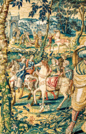 Schloss Bruchsal - Hauptbau / Corps de Logis - Von innen - Beletage - Arbeitszimmer - Nordwand, östliche Seite - Ausschnitt (links) aus der Tapisserie "David lässt um Abigail werben" aus dem fünfteiligen Zyklus "Die Geschichte von David und Abigail" (Begebenheit aus dem Alten Testament, 1. Buch Samuel, Kapitel 25) (Inv.Nr. G 111; Höhe x Breite: 283 cm x 337 cm; hergestellt vermutlich in Brüssel, 3. Viertel des 16. Jahrhunderts; restauriert 1961 und nach 2007) (aufgenommen im Dezember 2020, um die Mittagszeit) Schloss Bruchsal - Hauptbau / Corps de Logis - Von innen - Beletage - Arbeitszimmer - Nordwand, östliche Seite - Ausschnitt (links) aus der Tapisserie "David lässt um Abigail werben" aus dem fünfteiligen Zyklus "Die Geschichte von David und Abigail" (Begebenheit aus dem Alten Testament, 1. Buch Samuel, Kapitel 25) (Inv.Nr. G 111; Höhe x Breite: 283 cm x 337 cm; hergestellt vermutlich in Brüssel, 3. Viertel des 16. Jahrhunderts; restauriert 1961 und nach 2007) (aufgenommen im Dezember 2020, um die Mittagszeit)