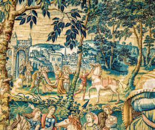 Schloss Bruchsal - Hauptbau / Corps de Logis - Von innen - Beletage - Arbeitszimmer - Nordwand, östliche Seite - Ausschnitt (links, oben) aus der Tapisserie "David lässt um Abigail werben" aus dem fünfteiligen Zyklus "Die Geschichte von David und Abigail" (Begebenheit aus dem Alten Testament, 1. Buch Samuel, Kapitel 25) (Inv.Nr. G 111; Höhe x Breite: 283 cm x 337 cm; hergestellt vermutlich in Brüssel, 3. Viertel des 16. Jahrhunderts; restauriert 1961 und nach 2007) (aufgenommen im Dezember 2020, um die Mittagszeit) Schloss Bruchsal - Hauptbau / Corps de Logis - Von innen - Beletage - Arbeitszimmer - Nordwand, östliche Seite - Ausschnitt (links, oben) aus der Tapisserie "David lässt um Abigail werben" aus dem fünfteiligen Zyklus "Die Geschichte von David und Abigail" (Begebenheit aus dem Alten Testament, 1. Buch Samuel, Kapitel 25) (Inv.Nr. G 111; Höhe x Breite: 283 cm x 337 cm; hergestellt vermutlich in Brüssel, 3. Viertel des 16. Jahrhunderts; restauriert 1961 und nach 2007) (aufgenommen im Dezember 2020, um die Mittagszeit)