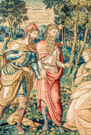 Schloss Bruchsal - Hauptbau / Corps de Logis - Von innen - Beletage - Arbeitszimmer - Nordwand, östliche Seite - Ausschnitt (rechts) aus der Tapisserie "David lässt um Abigail werben" aus dem fünfteiligen Zyklus "Die Geschichte von David und Abigail" (Begebenheit aus dem Alten Testament, 1. Buch Samuel, Kapitel 25) (Inv.Nr. G 111; Höhe x Breite: 283 cm x 337 cm; hergestellt vermutlich in Brüssel, 3. Viertel des 16. Jahrhunderts; restauriert 1961 und nach 2007) (aufgenommen im Dezember 2020, am frühen Nachmittag) Schloss Bruchsal - Hauptbau / Corps de Logis - Von innen - Beletage - Arbeitszimmer - Nordwand, östliche Seite - Ausschnitt (rechts) aus der Tapisserie "David lässt um Abigail werben" aus dem fünfteiligen Zyklus "Die Geschichte von David und Abigail" (Begebenheit aus dem Alten Testament, 1. Buch Samuel, Kapitel 25) (Inv.Nr. G 111; Höhe x Breite: 283 cm x 337 cm; hergestellt vermutlich in Brüssel, 3. Viertel des 16. Jahrhunderts; restauriert 1961 und nach 2007) (aufgenommen im Dezember 2020, am frühen Nachmittag)