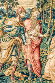 Schloss Bruchsal - Hauptbau / Corps de Logis - Von innen - Beletage - Arbeitszimmer - Nordwand, östliche Seite - Ausschnitt (rechts) aus der Tapisserie "David lässt um Abigail werben" aus dem fünfteiligen Zyklus "Die Geschichte von David und Abigail" (Begebenheit aus dem Alten Testament, 1. Buch Samuel, Kapitel 25) (Inv.Nr. G 111; Höhe x Breite: 283 cm x 337 cm; hergestellt vermutlich in Brüssel, 3. Viertel des 16. Jahrhunderts; restauriert 1961 und nach 2007) (aufgenommen im Dezember 2020, am frühen Nachmittag) Schloss Bruchsal - Hauptbau / Corps de Logis - Von innen - Beletage - Arbeitszimmer - Nordwand, östliche Seite - Ausschnitt (rechts) aus der Tapisserie "David lässt um Abigail werben" aus dem fünfteiligen Zyklus "Die Geschichte von David und Abigail" (Begebenheit aus dem Alten Testament, 1. Buch Samuel, Kapitel 25) (Inv.Nr. G 111; Höhe x Breite: 283 cm x 337 cm; hergestellt vermutlich in Brüssel, 3. Viertel des 16. Jahrhunderts; restauriert 1961 und nach 2007) (aufgenommen im Dezember 2020, am frühen Nachmittag)