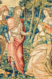 Schloss Bruchsal - Hauptbau / Corps de Logis - Von innen - Beletage - Arbeitszimmer - Nordwand, östliche Seite - Ausschnitt (rechts) aus der Tapisserie "David lässt um Abigail werben" aus dem fünfteiligen Zyklus "Die Geschichte von David und Abigail" (Begebenheit aus dem Alten Testament, 1. Buch Samuel, Kapitel 25) (Inv.Nr. G 111; Höhe x Breite: 283 cm x 337 cm; hergestellt vermutlich in Brüssel, 3. Viertel des 16. Jahrhunderts; restauriert 1961 und nach 2007) (aufgenommen im Dezember 2020, am frühen Nachmittag) Schloss Bruchsal - Hauptbau / Corps de Logis - Von innen - Beletage - Arbeitszimmer - Nordwand, östliche Seite - Ausschnitt (rechts) aus der Tapisserie "David lässt um Abigail werben" aus dem fünfteiligen Zyklus "Die Geschichte von David und Abigail" (Begebenheit aus dem Alten Testament, 1. Buch Samuel, Kapitel 25) (Inv.Nr. G 111; Höhe x Breite: 283 cm x 337 cm; hergestellt vermutlich in Brüssel, 3. Viertel des 16. Jahrhunderts; restauriert 1961 und nach 2007) (aufgenommen im Dezember 2020, am frühen Nachmittag)