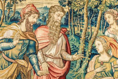 Schloss Bruchsal - Hauptbau / Corps de Logis - Von innen - Beletage - Arbeitszimmer - Nordwand, östliche Seite - Ausschnitt (rechts) aus der Tapisserie "David lässt um Abigail werben" aus dem fünfteiligen Zyklus "Die Geschichte von David und Abigail" (Begebenheit aus dem Alten Testament, 1. Buch Samuel, Kapitel 25) (Inv.Nr. G 111; Höhe x Breite: 283 cm x 337 cm; hergestellt vermutlich in Brüssel, 3. Viertel des 16. Jahrhunderts; restauriert 1961 und nach 2007) (aufgenommen im Dezember 2020, am frühen Nachmittag) Schloss Bruchsal - Hauptbau / Corps de Logis - Von innen - Beletage - Arbeitszimmer - Nordwand, östliche Seite - Ausschnitt (rechts) aus der Tapisserie "David lässt um Abigail werben" aus dem fünfteiligen Zyklus "Die Geschichte von David und Abigail" (Begebenheit aus dem Alten Testament, 1. Buch Samuel, Kapitel 25) (Inv.Nr. G 111; Höhe x Breite: 283 cm x 337 cm; hergestellt vermutlich in Brüssel, 3. Viertel des 16. Jahrhunderts; restauriert 1961 und nach 2007) (aufgenommen im Dezember 2020, am frühen Nachmittag)