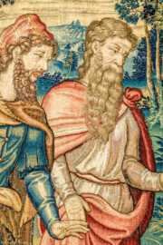 Schloss Bruchsal - Hauptbau / Corps de Logis - Von innen - Beletage - Arbeitszimmer - Nordwand, östliche Seite - Ausschnitt (Mitte) aus der Tapisserie "David lässt um Abigail werben" aus dem fünfteiligen Zyklus "Die Geschichte von David und Abigail" (Begebenheit aus dem Alten Testament, 1. Buch Samuel, Kapitel 25) (Inv.Nr. G 111; Höhe x Breite: 283 cm x 337 cm; hergestellt vermutlich in Brüssel, 3. Viertel des 16. Jahrhunderts; restauriert 1961 und nach 2007) (aufgenommen im Dezember 2020, am Nachmittag) Schloss Bruchsal - Hauptbau / Corps de Logis - Von innen - Beletage - Arbeitszimmer - Nordwand, östliche Seite - Ausschnitt (Mitte) aus der Tapisserie "David lässt um Abigail werben" aus dem fünfteiligen Zyklus "Die Geschichte von David und Abigail" (Begebenheit aus dem Alten Testament, 1. Buch Samuel, Kapitel 25) (Inv.Nr. G 111; Höhe x Breite: 283 cm x 337 cm; hergestellt vermutlich in Brüssel, 3. Viertel des 16. Jahrhunderts; restauriert 1961 und nach 2007) (aufgenommen im Dezember 2020, am Nachmittag)