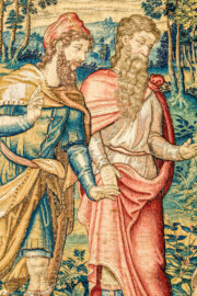 Schloss Bruchsal - Hauptbau / Corps de Logis - Von innen - Beletage - Arbeitszimmer - Nordwand, östliche Seite - Ausschnitt (Mitte) aus der Tapisserie "David lässt um Abigail werben" aus dem fünfteiligen Zyklus "Die Geschichte von David und Abigail" (Begebenheit aus dem Alten Testament, 1. Buch Samuel, Kapitel 25) (Inv.Nr. G 111; Höhe x Breite: 283 cm x 337 cm; hergestellt vermutlich in Brüssel, 3. Viertel des 16. Jahrhunderts; restauriert 1961 und nach 2007) (aufgenommen im Dezember 2020, am Nachmittag) Schloss Bruchsal - Hauptbau / Corps de Logis - Von innen - Beletage - Arbeitszimmer - Nordwand, östliche Seite - Ausschnitt (Mitte) aus der Tapisserie "David lässt um Abigail werben" aus dem fünfteiligen Zyklus "Die Geschichte von David und Abigail" (Begebenheit aus dem Alten Testament, 1. Buch Samuel, Kapitel 25) (Inv.Nr. G 111; Höhe x Breite: 283 cm x 337 cm; hergestellt vermutlich in Brüssel, 3. Viertel des 16. Jahrhunderts; restauriert 1961 und nach 2007) (aufgenommen im Dezember 2020, am Nachmittag)