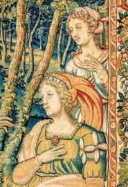 Schloss Bruchsal - Hauptbau / Corps de Logis - Von innen - Beletage - Arbeitszimmer - Nordwand, östliche Seite - Ausschnitt (rechts) aus der Tapisserie "David lässt um Abigail werben" aus dem fünfteiligen Zyklus "Die Geschichte von David und Abigail" (Begebenheit aus dem Alten Testament, 1. Buch Samuel, Kapitel 25) (Inv.Nr. G 111; Höhe x Breite: 283 cm x 337 cm; hergestellt vermutlich in Brüssel, 3. Viertel des 16. Jahrhunderts; restauriert 1961 und nach 2007) (aufgenommen im Dezember 2020, am Nachmittag) Schloss Bruchsal - Hauptbau / Corps de Logis - Von innen - Beletage - Arbeitszimmer - Nordwand, östliche Seite - Ausschnitt (rechts) aus der Tapisserie "David lässt um Abigail werben" aus dem fünfteiligen Zyklus "Die Geschichte von David und Abigail" (Begebenheit aus dem Alten Testament, 1. Buch Samuel, Kapitel 25) (Inv.Nr. G 111; Höhe x Breite: 283 cm x 337 cm; hergestellt vermutlich in Brüssel, 3. Viertel des 16. Jahrhunderts; restauriert 1961 und nach 2007) (aufgenommen im Dezember 2020, am Nachmittag)