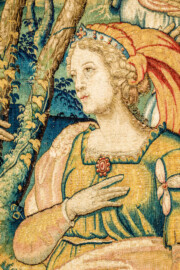 Schloss Bruchsal - Hauptbau / Corps de Logis - Von innen - Beletage - Arbeitszimmer - Nordwand, östliche Seite - Ausschnitt (rechts) aus der Tapisserie "David lässt um Abigail werben" aus dem fünfteiligen Zyklus "Die Geschichte von David und Abigail" (Begebenheit aus dem Alten Testament, 1. Buch Samuel, Kapitel 25) (Inv.Nr. G 111; Höhe x Breite: 283 cm x 337 cm; hergestellt vermutlich in Brüssel, 3. Viertel des 16. Jahrhunderts; restauriert 1961 und nach 2007) (aufgenommen im Dezember 2020, am Nachmittag) Schloss Bruchsal - Hauptbau / Corps de Logis - Von innen - Beletage - Arbeitszimmer - Nordwand, östliche Seite - Ausschnitt (rechts) aus der Tapisserie "David lässt um Abigail werben" aus dem fünfteiligen Zyklus "Die Geschichte von David und Abigail" (Begebenheit aus dem Alten Testament, 1. Buch Samuel, Kapitel 25) (Inv.Nr. G 111; Höhe x Breite: 283 cm x 337 cm; hergestellt vermutlich in Brüssel, 3. Viertel des 16. Jahrhunderts; restauriert 1961 und nach 2007) (aufgenommen im Dezember 2020, am Nachmittag)