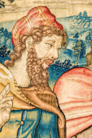 Schloss Bruchsal - Hauptbau / Corps de Logis - Von innen - Beletage - Arbeitszimmer - Nordwand, östliche Seite - Ausschnitt (Mitte) aus der Tapisserie "David lässt um Abigail werben" aus dem fünfteiligen Zyklus "Die Geschichte von David und Abigail" (Begebenheit aus dem Alten Testament, 1. Buch Samuel, Kapitel 25) (Inv.Nr. G 111; Höhe x Breite: 283 cm x 337 cm; hergestellt vermutlich in Brüssel, 3. Viertel des 16. Jahrhunderts; restauriert 1961 und nach 2007) (aufgenommen im Dezember 2020, am Nachmittag) Schloss Bruchsal - Hauptbau / Corps de Logis - Von innen - Beletage - Arbeitszimmer - Nordwand, östliche Seite - Ausschnitt (Mitte) aus der Tapisserie "David lässt um Abigail werben" aus dem fünfteiligen Zyklus "Die Geschichte von David und Abigail" (Begebenheit aus dem Alten Testament, 1. Buch Samuel, Kapitel 25) (Inv.Nr. G 111; Höhe x Breite: 283 cm x 337 cm; hergestellt vermutlich in Brüssel, 3. Viertel des 16. Jahrhunderts; restauriert 1961 und nach 2007) (aufgenommen im Dezember 2020, am Nachmittag)