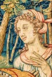 Schloss Bruchsal - Hauptbau / Corps de Logis - Von innen - Beletage - Arbeitszimmer - Nordwand, östliche Seite - Ausschnitt (rechts) aus der Tapisserie "David lässt um Abigail werben" aus dem fünfteiligen Zyklus "Die Geschichte von David und Abigail" (Begebenheit aus dem Alten Testament, 1. Buch Samuel, Kapitel 25) (Inv.Nr. G 111; Höhe x Breite: 283 cm x 337 cm; hergestellt vermutlich in Brüssel, 3. Viertel des 16. Jahrhunderts; restauriert 1961 und nach 2007) (aufgenommen im Dezember 2020, am Nachmittag) Schloss Bruchsal - Hauptbau / Corps de Logis - Von innen - Beletage - Arbeitszimmer - Nordwand, östliche Seite - Ausschnitt (rechts) aus der Tapisserie "David lässt um Abigail werben" aus dem fünfteiligen Zyklus "Die Geschichte von David und Abigail" (Begebenheit aus dem Alten Testament, 1. Buch Samuel, Kapitel 25) (Inv.Nr. G 111; Höhe x Breite: 283 cm x 337 cm; hergestellt vermutlich in Brüssel, 3. Viertel des 16. Jahrhunderts; restauriert 1961 und nach 2007) (aufgenommen im Dezember 2020, am Nachmittag)