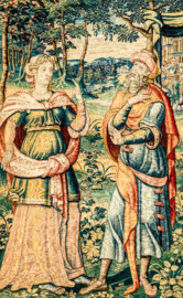 Schloss Bruchsal - Hauptbau / Corps de Logis - Von innen - Beletage - Arbeitszimmer - Südwand, östliche Seite - Ausschnitt (ohne Bordüre) aus der Tapisserie "Abigail unterrichtet Nabal" aus dem fünfteiligen Zyklus "Die Geschichte von David und Abigail" (Begebenheit aus dem Alten Testament, 1. Buch Samuel, Kapitel 25) (Inv.Nr. G 109; Höhe x Breite: 286 cm x 211 cm; hergestellt vermutlich in Brüssel, 3. Viertel des 16. Jahrhunderts; restauriert 1959 und nach 2007) (aufgenommen im Januar 2021, am späten Vormittag) Schloss Bruchsal - Hauptbau / Corps de Logis - Von innen - Beletage - Arbeitszimmer - Südwand, östliche Seite - Ausschnitt (ohne Bordüre) aus der Tapisserie "Abigail unterrichtet Nabal" aus dem fünfteiligen Zyklus "Die Geschichte von David und Abigail" (Begebenheit aus dem Alten Testament, 1. Buch Samuel, Kapitel 25) (Inv.Nr. G 109; Höhe x Breite: 286 cm x 211 cm; hergestellt vermutlich in Brüssel, 3. Viertel des 16. Jahrhunderts; restauriert 1959 und nach 2007) (aufgenommen im Januar 2021, am späten Vormittag)