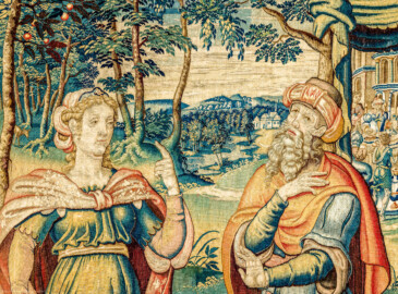 Schloss Bruchsal - Hauptbau / Corps de Logis - Von innen - Beletage - Arbeitszimmer - Südwand, östliche Seite - Ausschnitt aus der Tapisserie "Abigail unterrichtet Nabal" aus dem fünfteiligen Zyklus "Die Geschichte von David und Abigail" (Begebenheit aus dem Alten Testament, 1. Buch Samuel, Kapitel 25) (Inv.Nr. G 109; Höhe x Breite: 286 cm x 211 cm; hergestellt vermutlich in Brüssel, 3. Viertel des 16. Jahrhunderts; restauriert 1959 und nach 2007) (aufgenommen im Januar 2021, um die Mittagszeit) Schloss Bruchsal - Hauptbau / Corps de Logis - Von innen - Beletage - Arbeitszimmer - Südwand, östliche Seite - Ausschnitt aus der Tapisserie "Abigail unterrichtet Nabal" aus dem fünfteiligen Zyklus "Die Geschichte von David und Abigail" (Begebenheit aus dem Alten Testament, 1. Buch Samuel, Kapitel 25) (Inv.Nr. G 109; Höhe x Breite: 286 cm x 211 cm; hergestellt vermutlich in Brüssel, 3. Viertel des 16. Jahrhunderts; restauriert 1959 und nach 2007) (aufgenommen im Januar 2021, um die Mittagszeit)