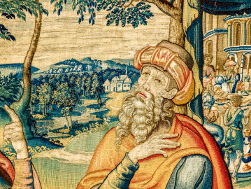 Schloss Bruchsal - Hauptbau / Corps de Logis - Von innen - Beletage - Arbeitszimmer - Südwand, östliche Seite - Ausschnitt aus der Tapisserie "Abigail unterrichtet Nabal" aus dem fünfteiligen Zyklus "Die Geschichte von David und Abigail" (Begebenheit aus dem Alten Testament, 1. Buch Samuel, Kapitel 25) (Inv.Nr. G 109; Höhe x Breite: 286 cm x 211 cm; hergestellt vermutlich in Brüssel, 3. Viertel des 16. Jahrhunderts; restauriert 1959 und nach 2007) (aufgenommen im Januar 2021, um die Mittagszeit) Schloss Bruchsal - Hauptbau / Corps de Logis - Von innen - Beletage - Arbeitszimmer - Südwand, östliche Seite - Ausschnitt aus der Tapisserie "Abigail unterrichtet Nabal" aus dem fünfteiligen Zyklus "Die Geschichte von David und Abigail" (Begebenheit aus dem Alten Testament, 1. Buch Samuel, Kapitel 25) (Inv.Nr. G 109; Höhe x Breite: 286 cm x 211 cm; hergestellt vermutlich in Brüssel, 3. Viertel des 16. Jahrhunderts; restauriert 1959 und nach 2007) (aufgenommen im Januar 2021, um die Mittagszeit)