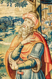 Schloss Bruchsal - Hauptbau / Corps de Logis - Von innen - Beletage - Arbeitszimmer - Südwand, östliche Seite - Ausschnitt aus der Tapisserie "Abigail unterrichtet Nabal" aus dem fünfteiligen Zyklus "Die Geschichte von David und Abigail" (Begebenheit aus dem Alten Testament, 1. Buch Samuel, Kapitel 25) (Inv.Nr. G 109; Höhe x Breite: 286 cm x 211 cm; hergestellt vermutlich in Brüssel, 3. Viertel des 16. Jahrhunderts; restauriert 1959 und nach 2007) (aufgenommen im Januar 2021, um die Mittagszeit) Schloss Bruchsal - Hauptbau / Corps de Logis - Von innen - Beletage - Arbeitszimmer - Südwand, östliche Seite - Ausschnitt aus der Tapisserie "Abigail unterrichtet Nabal" aus dem fünfteiligen Zyklus "Die Geschichte von David und Abigail" (Begebenheit aus dem Alten Testament, 1. Buch Samuel, Kapitel 25) (Inv.Nr. G 109; Höhe x Breite: 286 cm x 211 cm; hergestellt vermutlich in Brüssel, 3. Viertel des 16. Jahrhunderts; restauriert 1959 und nach 2007) (aufgenommen im Januar 2021, um die Mittagszeit)