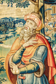 Schloss Bruchsal - Hauptbau / Corps de Logis - Von innen - Beletage - Arbeitszimmer - Südwand, östliche Seite - Ausschnitt aus der Tapisserie "Abigail unterrichtet Nabal" aus dem fünfteiligen Zyklus "Die Geschichte von David und Abigail" (Begebenheit aus dem Alten Testament, 1. Buch Samuel, Kapitel 25) (Inv.Nr. G 109; Höhe x Breite: 286 cm x 211 cm; hergestellt vermutlich in Brüssel, 3. Viertel des 16. Jahrhunderts; restauriert 1959 und nach 2007) (aufgenommen im Januar 2021, um die Mittagszeit) Schloss Bruchsal - Hauptbau / Corps de Logis - Von innen - Beletage - Arbeitszimmer - Südwand, östliche Seite - Ausschnitt aus der Tapisserie "Abigail unterrichtet Nabal" aus dem fünfteiligen Zyklus "Die Geschichte von David und Abigail" (Begebenheit aus dem Alten Testament, 1. Buch Samuel, Kapitel 25) (Inv.Nr. G 109; Höhe x Breite: 286 cm x 211 cm; hergestellt vermutlich in Brüssel, 3. Viertel des 16. Jahrhunderts; restauriert 1959 und nach 2007) (aufgenommen im Januar 2021, um die Mittagszeit)