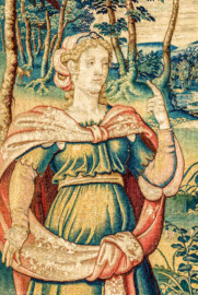 Schloss Bruchsal - Hauptbau / Corps de Logis - Von innen - Beletage - Arbeitszimmer - Südwand, östliche Seite - Ausschnitt aus der Tapisserie "Abigail unterrichtet Nabal" aus dem fünfteiligen Zyklus "Die Geschichte von David und Abigail" (Begebenheit aus dem Alten Testament, 1. Buch Samuel, Kapitel 25) (Inv.Nr. G 109; Höhe x Breite: 286 cm x 211 cm; hergestellt vermutlich in Brüssel, 3. Viertel des 16. Jahrhunderts; restauriert 1959 und nach 2007) (aufgenommen im Januar 2021, um die Mittagszeit) Schloss Bruchsal - Hauptbau / Corps de Logis - Von innen - Beletage - Arbeitszimmer - Südwand, östliche Seite - Ausschnitt aus der Tapisserie "Abigail unterrichtet Nabal" aus dem fünfteiligen Zyklus "Die Geschichte von David und Abigail" (Begebenheit aus dem Alten Testament, 1. Buch Samuel, Kapitel 25) (Inv.Nr. G 109; Höhe x Breite: 286 cm x 211 cm; hergestellt vermutlich in Brüssel, 3. Viertel des 16. Jahrhunderts; restauriert 1959 und nach 2007) (aufgenommen im Januar 2021, um die Mittagszeit)