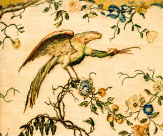 Schloss Bruchsal - Hauptbau / Corps de Logis - Von innen - Beletage - Musikzimmer - Ausschnitt aus dem Teppich der Rückenlehne einer Sitzbank aus einem Satz von Savonnerien mit chinoisen Motiven (Entwurf von Johann Martin Metz; hergestellt in der Kurkölnischen Savonneriemanufaktur in Bonn, zwischen 1758 und 1761) (aufgenommen im Januar 2021, am Nachmittag) Schloss Bruchsal - Hauptbau / Corps de Logis - Von innen - Beletage - Musikzimmer - Ausschnitt aus dem Teppich der Rückenlehne einer Sitzbank aus einem Satz von Savonnerien mit chinoisen Motiven (Entwurf von Johann Martin Metz; hergestellt in der Kurkölnischen Savonneriemanufaktur in Bonn, zwischen 1758 und 1761) (aufgenommen im Januar 2021, am Nachmittag)