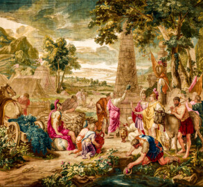 Schloss Bruchsal - Hauptbau / Corps de Logis - Von innen - Beletage - Thronsaal - Südwand, westliche Seite - Ausschnitt (ohne Bordüre) aus der Tapisserie "Aristides opfert den Manen" aus der siebenteiligen Folge "Berühmte Männer nach Plutarch" (Inv.Nr. G 167; Höhe x Breite: 379 cm x 408 cm; entstanden um 1735/1745 in der Werkstatt von Daniel und Urban Leyniers und Hendrik Reydams in Brüssel; Entwürfe von Victor Honoré Janssens ; restauriert 1966 und nach 2007) (aufgenommen im Januar 2021, am späten Vormittag) Schloss Bruchsal - Hauptbau / Corps de Logis - Von innen - Beletage - Thronsaal - Südwand, westliche Seite - Ausschnitt (ohne Bordüre) aus der Tapisserie "Aristides opfert den Manen" aus der siebenteiligen Folge "Berühmte Männer nach Plutarch" (Inv.Nr. G 167; Höhe x Breite: 379 cm x 408 cm; entstanden um 1735/1745 in der Werkstatt von Daniel und Urban Leyniers und Hendrik Reydams in Brüssel; Entwürfe von Victor Honoré Janssens ; restauriert 1966 und nach 2007) (aufgenommen im Januar 2021, am späten Vormittag)