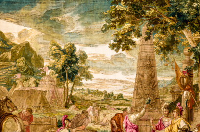 Schloss Bruchsal - Hauptbau / Corps de Logis - Von innen - Beletage - Thronsaal - Südwand, westliche Seite - Ausschnitt aus der Tapisserie "Aristides opfert den Manen" aus der siebenteiligen Folge "Berühmte Männer nach Plutarch" (Inv.Nr. G 167; Höhe x Breite: 379 cm x 408 cm; entstanden um 1735/1745 in der Werkstatt von Daniel und Urban Leyniers und Hendrik Reydams in Brüssel; Entwürfe von Victor Honoré Janssens ; restauriert 1966 und nach 2007) (aufgenommen im Januar 2021, am späten Vormittag) Schloss Bruchsal - Hauptbau / Corps de Logis - Von innen - Beletage - Thronsaal - Südwand, westliche Seite - Ausschnitt aus der Tapisserie "Aristides opfert den Manen" aus der siebenteiligen Folge "Berühmte Männer nach Plutarch" (Inv.Nr. G 167; Höhe x Breite: 379 cm x 408 cm; entstanden um 1735/1745 in der Werkstatt von Daniel und Urban Leyniers und Hendrik Reydams in Brüssel; Entwürfe von Victor Honoré Janssens ; restauriert 1966 und nach 2007) (aufgenommen im Januar 2021, am späten Vormittag)