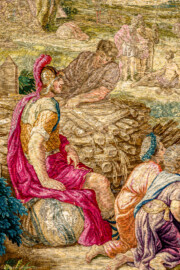 Schloss Bruchsal - Hauptbau / Corps de Logis - Von innen - Beletage - Thronsaal - Südwand, westliche Seite - Ausschnitt aus der Tapisserie "Aristides opfert den Manen" aus der siebenteiligen Folge "Berühmte Männer nach Plutarch" (Inv.Nr. G 167; Höhe x Breite: 379 cm x 408 cm; entstanden um 1735/1745 in der Werkstatt von Daniel und Urban Leyniers und Hendrik Reydams in Brüssel; Entwürfe von Victor Honoré Janssens ; restauriert 1966 und nach 2007) (aufgenommen im Januar 2021, um die Mittagszeit) Schloss Bruchsal - Hauptbau / Corps de Logis - Von innen - Beletage - Thronsaal - Südwand, westliche Seite - Ausschnitt aus der Tapisserie "Aristides opfert den Manen" aus der siebenteiligen Folge "Berühmte Männer nach Plutarch" (Inv.Nr. G 167; Höhe x Breite: 379 cm x 408 cm; entstanden um 1735/1745 in der Werkstatt von Daniel und Urban Leyniers und Hendrik Reydams in Brüssel; Entwürfe von Victor Honoré Janssens ; restauriert 1966 und nach 2007) (aufgenommen im Januar 2021, um die Mittagszeit)