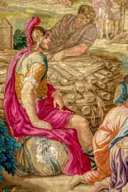 Schloss Bruchsal - Hauptbau / Corps de Logis - Von innen - Beletage - Thronsaal - Südwand, westliche Seite - Ausschnitt aus der Tapisserie "Aristides opfert den Manen" aus der siebenteiligen Folge "Berühmte Männer nach Plutarch" (Inv.Nr. G 167; Höhe x Breite: 379 cm x 408 cm; entstanden um 1735/1745 in der Werkstatt von Daniel und Urban Leyniers und Hendrik Reydams in Brüssel; Entwürfe von Victor Honoré Janssens ; restauriert 1966 und nach 2007) (aufgenommen im Januar 2021, um die Mittagszeit) Schloss Bruchsal - Hauptbau / Corps de Logis - Von innen - Beletage - Thronsaal - Südwand, westliche Seite - Ausschnitt aus der Tapisserie "Aristides opfert den Manen" aus der siebenteiligen Folge "Berühmte Männer nach Plutarch" (Inv.Nr. G 167; Höhe x Breite: 379 cm x 408 cm; entstanden um 1735/1745 in der Werkstatt von Daniel und Urban Leyniers und Hendrik Reydams in Brüssel; Entwürfe von Victor Honoré Janssens ; restauriert 1966 und nach 2007) (aufgenommen im Januar 2021, um die Mittagszeit)