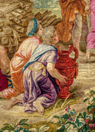 Schloss Bruchsal - Hauptbau / Corps de Logis - Von innen - Beletage - Thronsaal - Südwand, westliche Seite - Ausschnitt (unterhalb Mitte) aus der Tapisserie "Aristides opfert den Manen" aus der siebenteiligen Folge "Berühmte Männer nach Plutarch" (Inv.Nr. G 167; Höhe x Breite: 379 cm x 408 cm; entstanden um 1735/1745 in der Werkstatt von Daniel und Urban Leyniers und Hendrik Reydams in Brüssel; Entwürfe von Victor Honoré Janssens ; restauriert 1966 und nach 2007) (aufgenommen im Januar 2021, am späten Nachmittag) Schloss Bruchsal - Hauptbau / Corps de Logis - Von innen - Beletage - Thronsaal - Südwand, westliche Seite - Ausschnitt (unterhalb Mitte) aus der Tapisserie "Aristides opfert den Manen" aus der siebenteiligen Folge "Berühmte Männer nach Plutarch" (Inv.Nr. G 167; Höhe x Breite: 379 cm x 408 cm; entstanden um 1735/1745 in der Werkstatt von Daniel und Urban Leyniers und Hendrik Reydams in Brüssel; Entwürfe von Victor Honoré Janssens ; restauriert 1966 und nach 2007) (aufgenommen im Januar 2021, am späten Nachmittag)