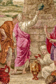 Schloss Bruchsal - Hauptbau / Corps de Logis - Von innen - Beletage - Thronsaal - Südwand, westliche Seite - Ausschnitt aus der Tapisserie "Aristides opfert den Manen" aus der siebenteiligen Folge "Berühmte Männer nach Plutarch" (Inv.Nr. G 167; Höhe x Breite: 379 cm x 408 cm; entstanden um 1735/1745 in der Werkstatt von Daniel und Urban Leyniers und Hendrik Reydams in Brüssel; Entwürfe von Victor Honoré Janssens ; restauriert 1966 und nach 2007) (aufgenommen im Januar 2021, am Nachmittag) Schloss Bruchsal - Hauptbau / Corps de Logis - Von innen - Beletage - Thronsaal - Südwand, westliche Seite - Ausschnitt aus der Tapisserie "Aristides opfert den Manen" aus der siebenteiligen Folge "Berühmte Männer nach Plutarch" (Inv.Nr. G 167; Höhe x Breite: 379 cm x 408 cm; entstanden um 1735/1745 in der Werkstatt von Daniel und Urban Leyniers und Hendrik Reydams in Brüssel; Entwürfe von Victor Honoré Janssens ; restauriert 1966 und nach 2007) (aufgenommen im Januar 2021, am Nachmittag)