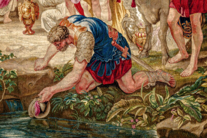 Schloss Bruchsal - Hauptbau / Corps de Logis - Von innen - Beletage - Thronsaal - Südwand, westliche Seite - Ausschnitt aus der Tapisserie "Aristides opfert den Manen" aus der siebenteiligen Folge "Berühmte Männer nach Plutarch" (Inv.Nr. G 167; Höhe x Breite: 379 cm x 408 cm; entstanden um 1735/1745 in der Werkstatt von Daniel und Urban Leyniers und Hendrik Reydams in Brüssel; Entwürfe von Victor Honoré Janssens ; restauriert 1966 und nach 2007) (aufgenommen im Januar 2021, am Nachmittag) Schloss Bruchsal - Hauptbau / Corps de Logis - Von innen - Beletage - Thronsaal - Südwand, westliche Seite - Ausschnitt aus der Tapisserie "Aristides opfert den Manen" aus der siebenteiligen Folge "Berühmte Männer nach Plutarch" (Inv.Nr. G 167; Höhe x Breite: 379 cm x 408 cm; entstanden um 1735/1745 in der Werkstatt von Daniel und Urban Leyniers und Hendrik Reydams in Brüssel; Entwürfe von Victor Honoré Janssens ; restauriert 1966 und nach 2007) (aufgenommen im Januar 2021, am Nachmittag)