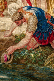 Schloss Bruchsal - Hauptbau / Corps de Logis - Von innen - Beletage - Thronsaal - Südwand, westliche Seite - Ausschnitt aus der Tapisserie "Aristides opfert den Manen" aus der siebenteiligen Folge "Berühmte Männer nach Plutarch" (Inv.Nr. G 167; Höhe x Breite: 379 cm x 408 cm; entstanden um 1735/1745 in der Werkstatt von Daniel und Urban Leyniers und Hendrik Reydams in Brüssel; Entwürfe von Victor Honoré Janssens ; restauriert 1966 und nach 2007) (aufgenommen im Januar 2021, am Nachmittag) Schloss Bruchsal - Hauptbau / Corps de Logis - Von innen - Beletage - Thronsaal - Südwand, westliche Seite - Ausschnitt aus der Tapisserie "Aristides opfert den Manen" aus der siebenteiligen Folge "Berühmte Männer nach Plutarch" (Inv.Nr. G 167; Höhe x Breite: 379 cm x 408 cm; entstanden um 1735/1745 in der Werkstatt von Daniel und Urban Leyniers und Hendrik Reydams in Brüssel; Entwürfe von Victor Honoré Janssens ; restauriert 1966 und nach 2007) (aufgenommen im Januar 2021, am Nachmittag)