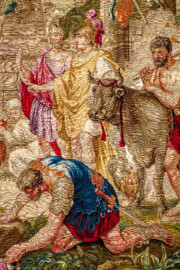 Schloss Bruchsal - Hauptbau / Corps de Logis - Von innen - Beletage - Thronsaal - Südwand, westliche Seite - Ausschnitt aus der Tapisserie "Aristides opfert den Manen" aus der siebenteiligen Folge "Berühmte Männer nach Plutarch" (Inv.Nr. G 167; Höhe x Breite: 379 cm x 408 cm; entstanden um 1735/1745 in der Werkstatt von Daniel und Urban Leyniers und Hendrik Reydams in Brüssel; Entwürfe von Victor Honoré Janssens ; restauriert 1966 und nach 2007) (aufgenommen im Januar 2021, am Nachmittag) Schloss Bruchsal - Hauptbau / Corps de Logis - Von innen - Beletage - Thronsaal - Südwand, westliche Seite - Ausschnitt aus der Tapisserie "Aristides opfert den Manen" aus der siebenteiligen Folge "Berühmte Männer nach Plutarch" (Inv.Nr. G 167; Höhe x Breite: 379 cm x 408 cm; entstanden um 1735/1745 in der Werkstatt von Daniel und Urban Leyniers und Hendrik Reydams in Brüssel; Entwürfe von Victor Honoré Janssens ; restauriert 1966 und nach 2007) (aufgenommen im Januar 2021, am Nachmittag)