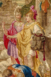 Schloss Bruchsal - Hauptbau / Corps de Logis - Von innen - Beletage - Thronsaal - Südwand, westliche Seite - Ausschnitt aus der Tapisserie "Aristides opfert den Manen" aus der siebenteiligen Folge "Berühmte Männer nach Plutarch" (Inv.Nr. G 167; Höhe x Breite: 379 cm x 408 cm; entstanden um 1735/1745 in der Werkstatt von Daniel und Urban Leyniers und Hendrik Reydams in Brüssel; Entwürfe von Victor Honoré Janssens ; restauriert 1966 und nach 2007) (aufgenommen im Januar 2021, am Nachmittag) Schloss Bruchsal - Hauptbau / Corps de Logis - Von innen - Beletage - Thronsaal - Südwand, westliche Seite - Ausschnitt aus der Tapisserie "Aristides opfert den Manen" aus der siebenteiligen Folge "Berühmte Männer nach Plutarch" (Inv.Nr. G 167; Höhe x Breite: 379 cm x 408 cm; entstanden um 1735/1745 in der Werkstatt von Daniel und Urban Leyniers und Hendrik Reydams in Brüssel; Entwürfe von Victor Honoré Janssens ; restauriert 1966 und nach 2007) (aufgenommen im Januar 2021, am Nachmittag)