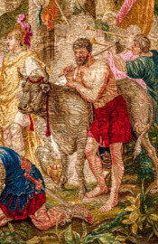 Schloss Bruchsal - Hauptbau / Corps de Logis - Von innen - Beletage - Thronsaal - Südwand, westliche Seite - Ausschnitt aus der Tapisserie "Aristides opfert den Manen" aus der siebenteiligen Folge "Berühmte Männer nach Plutarch" (Inv.Nr. G 167; Höhe x Breite: 379 cm x 408 cm; entstanden um 1735/1745 in der Werkstatt von Daniel und Urban Leyniers und Hendrik Reydams in Brüssel; Entwürfe von Victor Honoré Janssens ; restauriert 1966 und nach 2007) (aufgenommen im Januar 2021, am Nachmittag) Schloss Bruchsal - Hauptbau / Corps de Logis - Von innen - Beletage - Thronsaal - Südwand, westliche Seite - Ausschnitt aus der Tapisserie "Aristides opfert den Manen" aus der siebenteiligen Folge "Berühmte Männer nach Plutarch" (Inv.Nr. G 167; Höhe x Breite: 379 cm x 408 cm; entstanden um 1735/1745 in der Werkstatt von Daniel und Urban Leyniers und Hendrik Reydams in Brüssel; Entwürfe von Victor Honoré Janssens ; restauriert 1966 und nach 2007) (aufgenommen im Januar 2021, am Nachmittag)