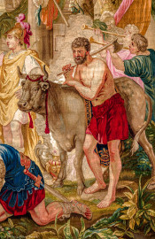 Schloss Bruchsal - Hauptbau / Corps de Logis - Von innen - Beletage - Thronsaal - Südwand, westliche Seite - Ausschnitt aus der Tapisserie "Aristides opfert den Manen" aus der siebenteiligen Folge "Berühmte Männer nach Plutarch" (Inv.Nr. G 167; Höhe x Breite: 379 cm x 408 cm; entstanden um 1735/1745 in der Werkstatt von Daniel und Urban Leyniers und Hendrik Reydams in Brüssel; Entwürfe von Victor Honoré Janssens ; restauriert 1966 und nach 2007) (aufgenommen im Januar 2021, am Nachmittag) Schloss Bruchsal - Hauptbau / Corps de Logis - Von innen - Beletage - Thronsaal - Südwand, westliche Seite - Ausschnitt aus der Tapisserie "Aristides opfert den Manen" aus der siebenteiligen Folge "Berühmte Männer nach Plutarch" (Inv.Nr. G 167; Höhe x Breite: 379 cm x 408 cm; entstanden um 1735/1745 in der Werkstatt von Daniel und Urban Leyniers und Hendrik Reydams in Brüssel; Entwürfe von Victor Honoré Janssens ; restauriert 1966 und nach 2007) (aufgenommen im Januar 2021, am Nachmittag)