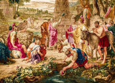 Schloss Bruchsal - Hauptbau / Corps de Logis - Von innen - Beletage - Thronsaal - Südwand, westliche Seite - Ausschnitt aus der Tapisserie "Aristides opfert den Manen" aus der siebenteiligen Folge "Berühmte Männer nach Plutarch" (Inv.Nr. G 167; Höhe x Breite: 379 cm x 408 cm; entstanden um 1735/1745 in der Werkstatt von Daniel und Urban Leyniers und Hendrik Reydams in Brüssel; Entwürfe von Victor Honoré Janssens ; restauriert 1966 und nach 2007) (aufgenommen im Januar 2021, am Nachmittag) Schloss Bruchsal - Hauptbau / Corps de Logis - Von innen - Beletage - Thronsaal - Südwand, westliche Seite - Ausschnitt aus der Tapisserie "Aristides opfert den Manen" aus der siebenteiligen Folge "Berühmte Männer nach Plutarch" (Inv.Nr. G 167; Höhe x Breite: 379 cm x 408 cm; entstanden um 1735/1745 in der Werkstatt von Daniel und Urban Leyniers und Hendrik Reydams in Brüssel; Entwürfe von Victor Honoré Janssens ; restauriert 1966 und nach 2007) (aufgenommen im Januar 2021, am Nachmittag)