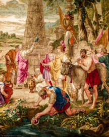 Schloss Bruchsal - Hauptbau / Corps de Logis - Von innen - Beletage - Thronsaal - Südwand, westliche Seite - Ausschnitt aus der Tapisserie "Aristides opfert den Manen" aus der siebenteiligen Folge "Berühmte Männer nach Plutarch" (Inv.Nr. G 167; Höhe x Breite: 379 cm x 408 cm; entstanden um 1735/1745 in der Werkstatt von Daniel und Urban Leyniers und Hendrik Reydams in Brüssel; Entwürfe von Victor Honoré Janssens ; restauriert 1966 und nach 2007) (aufgenommen im Januar 2021, am Nachmittag) Schloss Bruchsal - Hauptbau / Corps de Logis - Von innen - Beletage - Thronsaal - Südwand, westliche Seite - Ausschnitt aus der Tapisserie "Aristides opfert den Manen" aus der siebenteiligen Folge "Berühmte Männer nach Plutarch" (Inv.Nr. G 167; Höhe x Breite: 379 cm x 408 cm; entstanden um 1735/1745 in der Werkstatt von Daniel und Urban Leyniers und Hendrik Reydams in Brüssel; Entwürfe von Victor Honoré Janssens ; restauriert 1966 und nach 2007) (aufgenommen im Januar 2021, am Nachmittag)