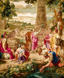 Schloss Bruchsal - Hauptbau / Corps de Logis - Von innen - Beletage - Thronsaal - Südwand, westliche Seite - Ausschnitt aus der Tapisserie "Aristides opfert den Manen" aus der siebenteiligen Folge "Berühmte Männer nach Plutarch" (Inv.Nr. G 167; Höhe x Breite: 379 cm x 408 cm; entstanden um 1735/1745 in der Werkstatt von Daniel und Urban Leyniers und Hendrik Reydams in Brüssel; Entwürfe von Victor Honoré Janssens ; restauriert 1966 und nach 2007) (aufgenommen im Januar 2021, am Nachmittag) Schloss Bruchsal - Hauptbau / Corps de Logis - Von innen - Beletage - Thronsaal - Südwand, westliche Seite - Ausschnitt aus der Tapisserie "Aristides opfert den Manen" aus der siebenteiligen Folge "Berühmte Männer nach Plutarch" (Inv.Nr. G 167; Höhe x Breite: 379 cm x 408 cm; entstanden um 1735/1745 in der Werkstatt von Daniel und Urban Leyniers und Hendrik Reydams in Brüssel; Entwürfe von Victor Honoré Janssens ; restauriert 1966 und nach 2007) (aufgenommen im Januar 2021, am Nachmittag)