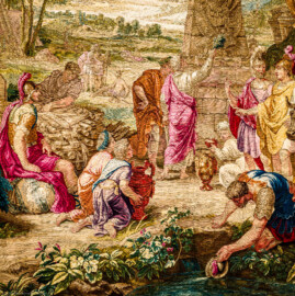 Schloss Bruchsal - Hauptbau / Corps de Logis - Von innen - Beletage - Thronsaal - Südwand, westliche Seite - Ausschnitt aus der Tapisserie "Aristides opfert den Manen" aus der siebenteiligen Folge "Berühmte Männer nach Plutarch" (Inv.Nr. G 167; Höhe x Breite: 379 cm x 408 cm; entstanden um 1735/1745 in der Werkstatt von Daniel und Urban Leyniers und Hendrik Reydams in Brüssel; Entwürfe von Victor Honoré Janssens ; restauriert 1966 und nach 2007) (aufgenommen im Januar 2021, am Nachmittag) Schloss Bruchsal - Hauptbau / Corps de Logis - Von innen - Beletage - Thronsaal - Südwand, westliche Seite - Ausschnitt aus der Tapisserie "Aristides opfert den Manen" aus der siebenteiligen Folge "Berühmte Männer nach Plutarch" (Inv.Nr. G 167; Höhe x Breite: 379 cm x 408 cm; entstanden um 1735/1745 in der Werkstatt von Daniel und Urban Leyniers und Hendrik Reydams in Brüssel; Entwürfe von Victor Honoré Janssens ; restauriert 1966 und nach 2007) (aufgenommen im Januar 2021, am Nachmittag)