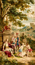 Schloss Bruchsal - Hauptbau / Corps de Logis - Von innen - Beletage - Thronsaal - Westwand, nördliche Seite - Ausschnitt (ohne Bordüre) aus der Tapisserie "Faustkampf des Knaben Eumenes" aus der siebenteiligen Folge "Berühmte Männer nach Plutarch" (Inv.Nr. G 164; Höhe x Breite: 382 cm x 231,5 cm; entstanden um 1735/1745 in der Werkstatt von Daniel und Urban Leyniers und Hendrik Reydams in Brüssel; Entwürfe von Victor Honoré Janssens ; restauriert 1965 und nach 2007) (aufgenommen im Januar 2021, am Vormittag) Schloss Bruchsal - Hauptbau / Corps de Logis - Von innen - Beletage - Thronsaal - Westwand, nördliche Seite - Ausschnitt (ohne Bordüre) aus der Tapisserie "Faustkampf des Knaben Eumenes" aus der siebenteiligen Folge "Berühmte Männer nach Plutarch" (Inv.Nr. G 164; Höhe x Breite: 382 cm x 231,5 cm; entstanden um 1735/1745 in der Werkstatt von Daniel und Urban Leyniers und Hendrik Reydams in Brüssel; Entwürfe von Victor Honoré Janssens ; restauriert 1965 und nach 2007) (aufgenommen im Januar 2021, am Vormittag)