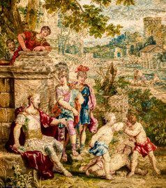 Schloss Bruchsal - Hauptbau / Corps de Logis - Von innen - Beletage - Thronsaal - Westwand, nördliche Seite - Ausschnitt aus der Tapisserie "Faustkampf des Knaben Eumenes" aus der siebenteiligen Folge "Berühmte Männer nach Plutarch" (Inv.Nr. G 164; Höhe x Breite: 382 cm x 231,5 cm; entstanden um 1735/1745 in der Werkstatt von Daniel und Urban Leyniers und Hendrik Reydams in Brüssel; Entwürfe von Victor Honoré Janssens ; restauriert 1965 und nach 2007) (aufgenommen im Januar 2021, am Vormittag) Schloss Bruchsal - Hauptbau / Corps de Logis - Von innen - Beletage - Thronsaal - Westwand, nördliche Seite - Ausschnitt aus der Tapisserie "Faustkampf des Knaben Eumenes" aus der siebenteiligen Folge "Berühmte Männer nach Plutarch" (Inv.Nr. G 164; Höhe x Breite: 382 cm x 231,5 cm; entstanden um 1735/1745 in der Werkstatt von Daniel und Urban Leyniers und Hendrik Reydams in Brüssel; Entwürfe von Victor Honoré Janssens ; restauriert 1965 und nach 2007) (aufgenommen im Januar 2021, am Vormittag)