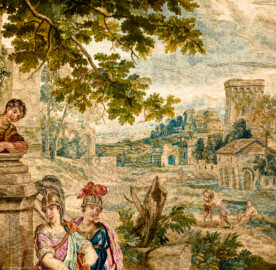 Schloss Bruchsal - Hauptbau / Corps de Logis - Von innen - Beletage - Thronsaal - Westwand, nördliche Seite - Ausschnitt aus der Tapisserie "Faustkampf des Knaben Eumenes" aus der siebenteiligen Folge "Berühmte Männer nach Plutarch" (Inv.Nr. G 164; Höhe x Breite: 382 cm x 231,5 cm; entstanden um 1735/1745 in der Werkstatt von Daniel und Urban Leyniers und Hendrik Reydams in Brüssel; Entwürfe von Victor Honoré Janssens ; restauriert 1965 und nach 2007) (aufgenommen im Januar 2021, am Vormittag) Schloss Bruchsal - Hauptbau / Corps de Logis - Von innen - Beletage - Thronsaal - Westwand, nördliche Seite - Ausschnitt aus der Tapisserie "Faustkampf des Knaben Eumenes" aus der siebenteiligen Folge "Berühmte Männer nach Plutarch" (Inv.Nr. G 164; Höhe x Breite: 382 cm x 231,5 cm; entstanden um 1735/1745 in der Werkstatt von Daniel und Urban Leyniers und Hendrik Reydams in Brüssel; Entwürfe von Victor Honoré Janssens ; restauriert 1965 und nach 2007) (aufgenommen im Januar 2021, am Vormittag)