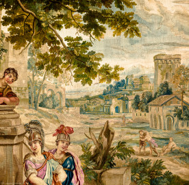 Schloss Bruchsal - Hauptbau / Corps de Logis - Von innen - Beletage - Thronsaal - Westwand, nördliche Seite - Ausschnitt aus der Tapisserie "Faustkampf des Knaben Eumenes" aus der siebenteiligen Folge "Berühmte Männer nach Plutarch" (Inv.Nr. G 164; Höhe x Breite: 382 cm x 231,5 cm; entstanden um 1735/1745 in der Werkstatt von Daniel und Urban Leyniers und Hendrik Reydams in Brüssel; Entwürfe von Victor Honoré Janssens ; restauriert 1965 und nach 2007) (aufgenommen im Januar 2021, am Vormittag) Schloss Bruchsal - Hauptbau / Corps de Logis - Von innen - Beletage - Thronsaal - Westwand, nördliche Seite - Ausschnitt aus der Tapisserie "Faustkampf des Knaben Eumenes" aus der siebenteiligen Folge "Berühmte Männer nach Plutarch" (Inv.Nr. G 164; Höhe x Breite: 382 cm x 231,5 cm; entstanden um 1735/1745 in der Werkstatt von Daniel und Urban Leyniers und Hendrik Reydams in Brüssel; Entwürfe von Victor Honoré Janssens ; restauriert 1965 und nach 2007) (aufgenommen im Januar 2021, am Vormittag)