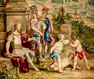 Schloss Bruchsal - Hauptbau / Corps de Logis - Von innen - Beletage - Thronsaal - Westwand, nördliche Seite - Ausschnitt aus der Tapisserie "Faustkampf des Knaben Eumenes" aus der siebenteiligen Folge "Berühmte Männer nach Plutarch" (Inv.Nr. G 164; Höhe x Breite: 382 cm x 231,5 cm; entstanden um 1735/1745 in der Werkstatt von Daniel und Urban Leyniers und Hendrik Reydams in Brüssel; Entwürfe von Victor Honoré Janssens ; restauriert 1965 und nach 2007) (aufgenommen im Januar 2021, am Vormittag) Schloss Bruchsal - Hauptbau / Corps de Logis - Von innen - Beletage - Thronsaal - Westwand, nördliche Seite - Ausschnitt aus der Tapisserie "Faustkampf des Knaben Eumenes" aus der siebenteiligen Folge "Berühmte Männer nach Plutarch" (Inv.Nr. G 164; Höhe x Breite: 382 cm x 231,5 cm; entstanden um 1735/1745 in der Werkstatt von Daniel und Urban Leyniers und Hendrik Reydams in Brüssel; Entwürfe von Victor Honoré Janssens ; restauriert 1965 und nach 2007) (aufgenommen im Januar 2021, am Vormittag)