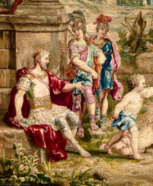 Schloss Bruchsal - Hauptbau / Corps de Logis - Von innen - Beletage - Thronsaal - Westwand, nördliche Seite - Ausschnitt aus der Tapisserie "Faustkampf des Knaben Eumenes" aus der siebenteiligen Folge "Berühmte Männer nach Plutarch" (Inv.Nr. G 164; Höhe x Breite: 382 cm x 231,5 cm; entstanden um 1735/1745 in der Werkstatt von Daniel und Urban Leyniers und Hendrik Reydams in Brüssel; Entwürfe von Victor Honoré Janssens ; restauriert 1965 und nach 2007) (aufgenommen im Januar 2021, am späten Vormittag) Schloss Bruchsal - Hauptbau / Corps de Logis - Von innen - Beletage - Thronsaal - Westwand, nördliche Seite - Ausschnitt aus der Tapisserie "Faustkampf des Knaben Eumenes" aus der siebenteiligen Folge "Berühmte Männer nach Plutarch" (Inv.Nr. G 164; Höhe x Breite: 382 cm x 231,5 cm; entstanden um 1735/1745 in der Werkstatt von Daniel und Urban Leyniers und Hendrik Reydams in Brüssel; Entwürfe von Victor Honoré Janssens ; restauriert 1965 und nach 2007) (aufgenommen im Januar 2021, am späten Vormittag)