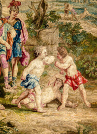 Schloss Bruchsal - Hauptbau / Corps de Logis - Von innen - Beletage - Thronsaal - Westwand, nördliche Seite - Ausschnitt aus der Tapisserie "Faustkampf des Knaben Eumenes" aus der siebenteiligen Folge "Berühmte Männer nach Plutarch" (Inv.Nr. G 164; Höhe x Breite: 382 cm x 231,5 cm; entstanden um 1735/1745 in der Werkstatt von Daniel und Urban Leyniers und Hendrik Reydams in Brüssel; Entwürfe von Victor Honoré Janssens ; restauriert 1965 und nach 2007) (aufgenommen im Januar 2021, am späten Vormittag) Schloss Bruchsal - Hauptbau / Corps de Logis - Von innen - Beletage - Thronsaal - Westwand, nördliche Seite - Ausschnitt aus der Tapisserie "Faustkampf des Knaben Eumenes" aus der siebenteiligen Folge "Berühmte Männer nach Plutarch" (Inv.Nr. G 164; Höhe x Breite: 382 cm x 231,5 cm; entstanden um 1735/1745 in der Werkstatt von Daniel und Urban Leyniers und Hendrik Reydams in Brüssel; Entwürfe von Victor Honoré Janssens ; restauriert 1965 und nach 2007) (aufgenommen im Januar 2021, am späten Vormittag)