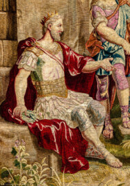 Schloss Bruchsal - Hauptbau / Corps de Logis - Von innen - Beletage - Thronsaal - Westwand, nördliche Seite - Ausschnitt aus der Tapisserie "Faustkampf des Knaben Eumenes" aus der siebenteiligen Folge "Berühmte Männer nach Plutarch" (Inv.Nr. G 164; Höhe x Breite: 382 cm x 231,5 cm; entstanden um 1735/1745 in der Werkstatt von Daniel und Urban Leyniers und Hendrik Reydams in Brüssel; Entwürfe von Victor Honoré Janssens ; restauriert 1965 und nach 2007) (aufgenommen im Januar 2021, am späten Vormittag) Schloss Bruchsal - Hauptbau / Corps de Logis - Von innen - Beletage - Thronsaal - Westwand, nördliche Seite - Ausschnitt aus der Tapisserie "Faustkampf des Knaben Eumenes" aus der siebenteiligen Folge "Berühmte Männer nach Plutarch" (Inv.Nr. G 164; Höhe x Breite: 382 cm x 231,5 cm; entstanden um 1735/1745 in der Werkstatt von Daniel und Urban Leyniers und Hendrik Reydams in Brüssel; Entwürfe von Victor Honoré Janssens ; restauriert 1965 und nach 2007) (aufgenommen im Januar 2021, am späten Vormittag)