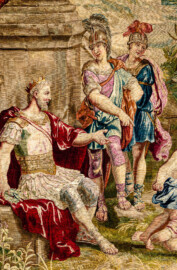 Schloss Bruchsal - Hauptbau / Corps de Logis - Von innen - Beletage - Thronsaal - Westwand, nördliche Seite - Ausschnitt aus der Tapisserie "Faustkampf des Knaben Eumenes" aus der siebenteiligen Folge "Berühmte Männer nach Plutarch" (Inv.Nr. G 164; Höhe x Breite: 382 cm x 231,5 cm; entstanden um 1735/1745 in der Werkstatt von Daniel und Urban Leyniers und Hendrik Reydams in Brüssel; Entwürfe von Victor Honoré Janssens ; restauriert 1965 und nach 2007) (aufgenommen im Januar 2021, am späten Vormittag) Schloss Bruchsal - Hauptbau / Corps de Logis - Von innen - Beletage - Thronsaal - Westwand, nördliche Seite - Ausschnitt aus der Tapisserie "Faustkampf des Knaben Eumenes" aus der siebenteiligen Folge "Berühmte Männer nach Plutarch" (Inv.Nr. G 164; Höhe x Breite: 382 cm x 231,5 cm; entstanden um 1735/1745 in der Werkstatt von Daniel und Urban Leyniers und Hendrik Reydams in Brüssel; Entwürfe von Victor Honoré Janssens ; restauriert 1965 und nach 2007) (aufgenommen im Januar 2021, am späten Vormittag)