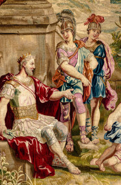 Schloss Bruchsal - Hauptbau / Corps de Logis - Von innen - Beletage - Thronsaal - Westwand, nördliche Seite - Ausschnitt aus der Tapisserie "Faustkampf des Knaben Eumenes" aus der siebenteiligen Folge "Berühmte Männer nach Plutarch" (Inv.Nr. G 164; Höhe x Breite: 382 cm x 231,5 cm; entstanden um 1735/1745 in der Werkstatt von Daniel und Urban Leyniers und Hendrik Reydams in Brüssel; Entwürfe von Victor Honoré Janssens ; restauriert 1965 und nach 2007) (aufgenommen im Januar 2021, am späten Vormittag) Schloss Bruchsal - Hauptbau / Corps de Logis - Von innen - Beletage - Thronsaal - Westwand, nördliche Seite - Ausschnitt aus der Tapisserie "Faustkampf des Knaben Eumenes" aus der siebenteiligen Folge "Berühmte Männer nach Plutarch" (Inv.Nr. G 164; Höhe x Breite: 382 cm x 231,5 cm; entstanden um 1735/1745 in der Werkstatt von Daniel und Urban Leyniers und Hendrik Reydams in Brüssel; Entwürfe von Victor Honoré Janssens ; restauriert 1965 und nach 2007) (aufgenommen im Januar 2021, am späten Vormittag)