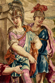 Schloss Bruchsal - Hauptbau / Corps de Logis - Von innen - Beletage - Thronsaal - Westwand, nördliche Seite - Ausschnitt aus der Tapisserie "Faustkampf des Knaben Eumenes" aus der siebenteiligen Folge "Berühmte Männer nach Plutarch" (Inv.Nr. G 164; Höhe x Breite: 382 cm x 231,5 cm; entstanden um 1735/1745 in der Werkstatt von Daniel und Urban Leyniers und Hendrik Reydams in Brüssel; Entwürfe von Victor Honoré Janssens ; restauriert 1965 und nach 2007) (aufgenommen im Januar 2021, am späten Vormittag) Schloss Bruchsal - Hauptbau / Corps de Logis - Von innen - Beletage - Thronsaal - Westwand, nördliche Seite - Ausschnitt aus der Tapisserie "Faustkampf des Knaben Eumenes" aus der siebenteiligen Folge "Berühmte Männer nach Plutarch" (Inv.Nr. G 164; Höhe x Breite: 382 cm x 231,5 cm; entstanden um 1735/1745 in der Werkstatt von Daniel und Urban Leyniers und Hendrik Reydams in Brüssel; Entwürfe von Victor Honoré Janssens ; restauriert 1965 und nach 2007) (aufgenommen im Januar 2021, am späten Vormittag)