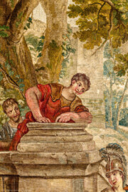 Schloss Bruchsal - Hauptbau / Corps de Logis - Von innen - Beletage - Thronsaal - Westwand, nördliche Seite - Ausschnitt aus der Tapisserie "Faustkampf des Knaben Eumenes" aus der siebenteiligen Folge "Berühmte Männer nach Plutarch" (Inv.Nr. G 164; Höhe x Breite: 382 cm x 231,5 cm; entstanden um 1735/1745 in der Werkstatt von Daniel und Urban Leyniers und Hendrik Reydams in Brüssel; Entwürfe von Victor Honoré Janssens ; restauriert 1965 und nach 2007) (aufgenommen im Januar 2021, um die Mittagszeit) Schloss Bruchsal - Hauptbau / Corps de Logis - Von innen - Beletage - Thronsaal - Westwand, nördliche Seite - Ausschnitt aus der Tapisserie "Faustkampf des Knaben Eumenes" aus der siebenteiligen Folge "Berühmte Männer nach Plutarch" (Inv.Nr. G 164; Höhe x Breite: 382 cm x 231,5 cm; entstanden um 1735/1745 in der Werkstatt von Daniel und Urban Leyniers und Hendrik Reydams in Brüssel; Entwürfe von Victor Honoré Janssens ; restauriert 1965 und nach 2007) (aufgenommen im Januar 2021, um die Mittagszeit)